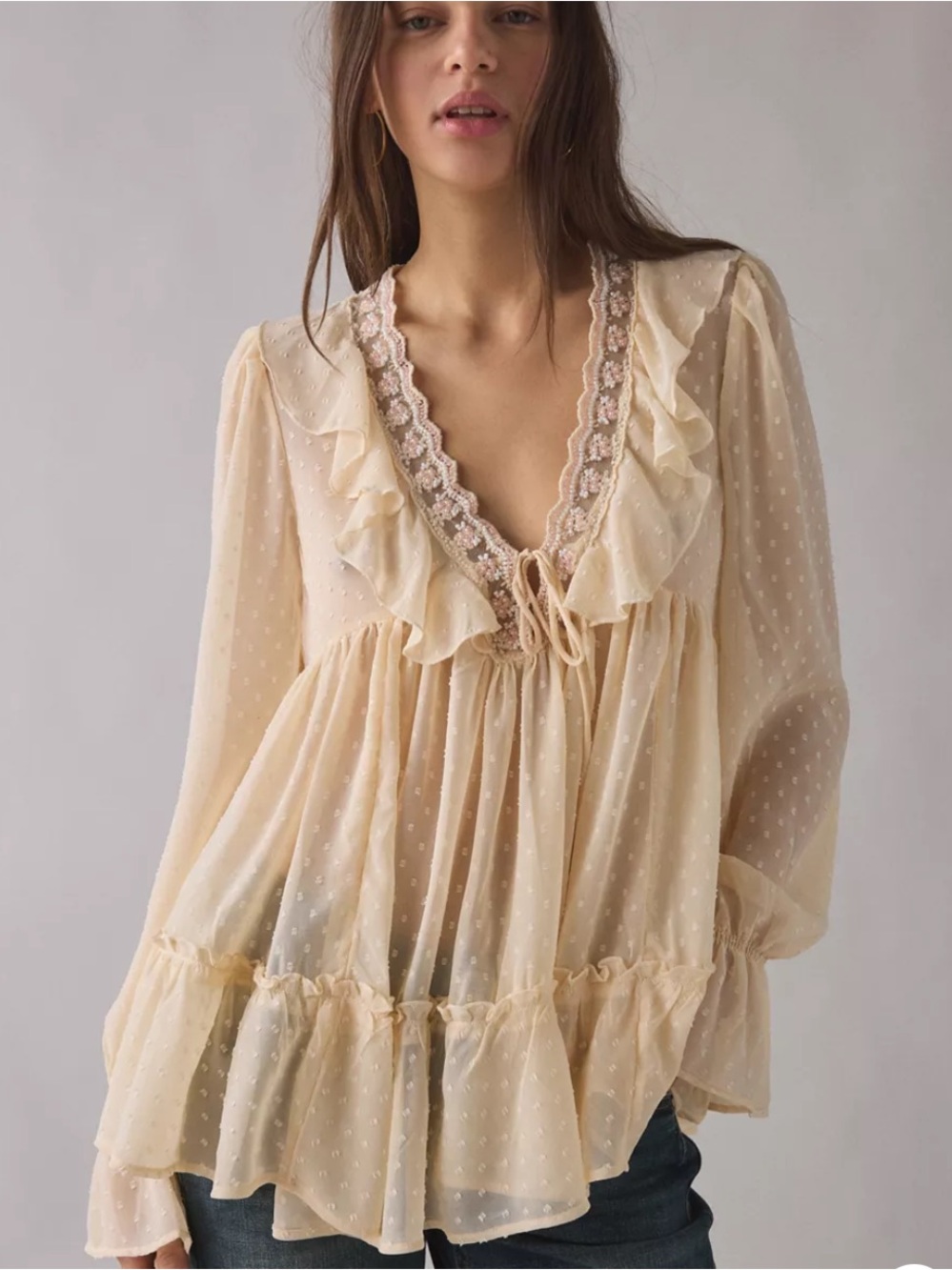 Urban Outfitters Mona Sheer Clip Dot Ruffle Babydoll Tunic Blouse